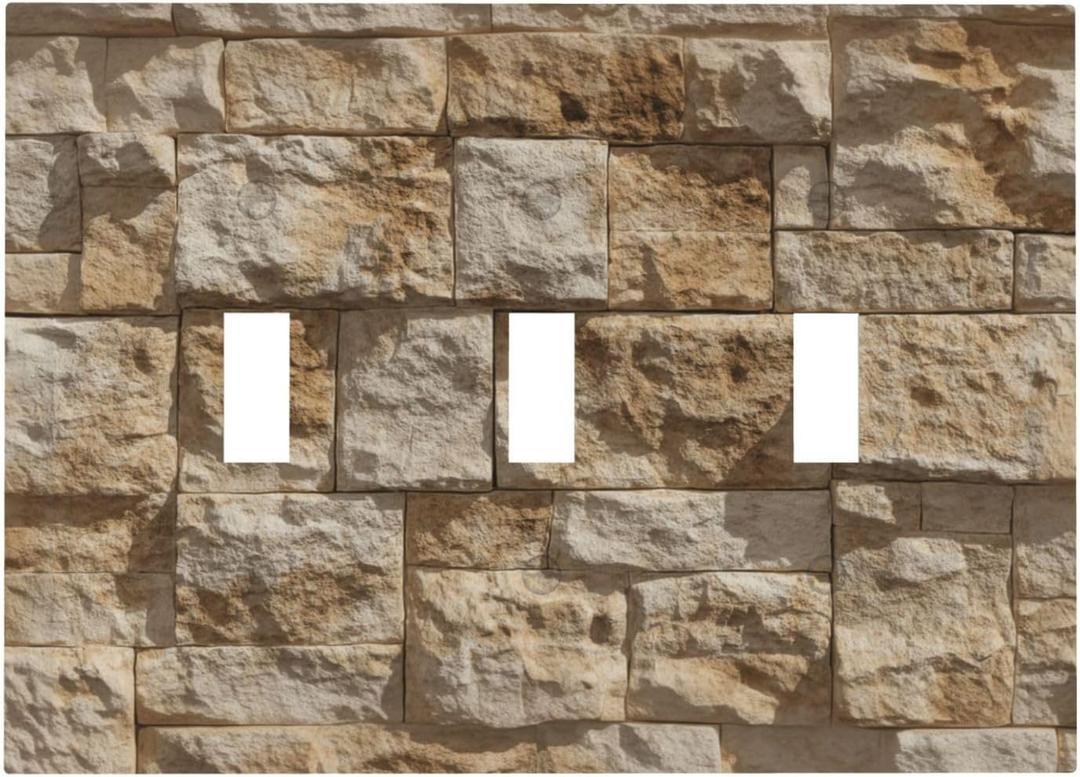 Natural Yellow Stone Wall Decorative Light Switch Cover Plate Rustic Rock Texture 3 Gang Triple Toggle Switch Plate Covers Wall Plates Faceplate for Country Bathroom Bedroom Home Decor