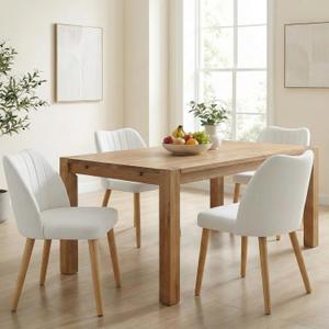 Wooden Dining Chairs Set of 4, Fabric Upholstered Modern Dining Room Chairs with Thick Seat Cushion & Cozy Backrest Dining Room Chairs with Wood Legs for Kitchen/Living Room/Restaurant, White