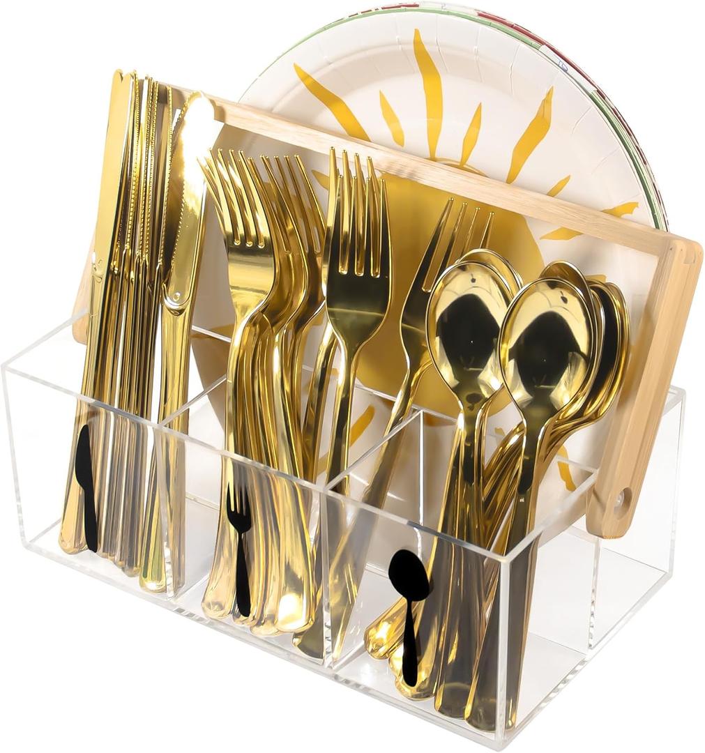 Rzoklot Acrylic Utensil Caddy with Bamboo Handle, Clear Silverware Organizer with Labeled Compartments & Plate Holder, Portable Cutlery Holder for Kitchen Counter, Buffet, Picnic, Party