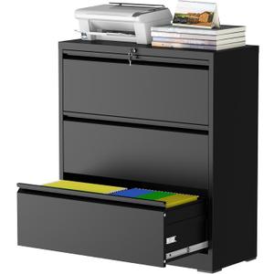 3 Drawer File Cabinet with Lock, Metal File Cabinet, Black | Steel Lateral File Cabinet for Home Office, Ideal for Legal/Letter/A4 Files, 40.4"H x 35.4"W x 15.7"D, Require Assembly