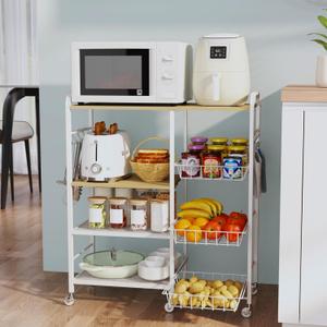 HapiRm Rolling Kitchen Microwave Cart - 4 Tier Microwave Table Stand with Pull-Out Baskets, Coffee Bar Baker's Rack with Wheels Rolling Storage Cart Organizer Shelf for Living Room Office, Balcony (White)