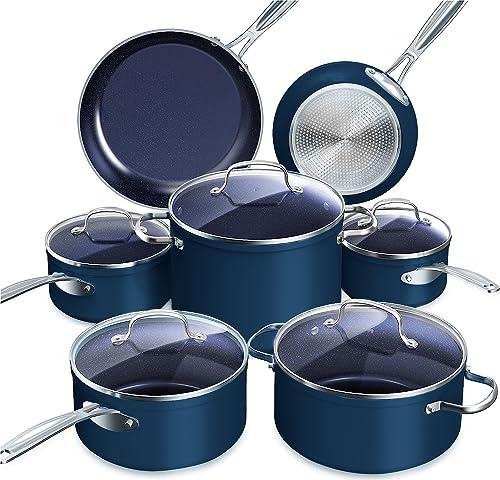 Nuwave Healthy Duralon Blue Ceramic Nonstick 12pc Cookware Set,Diamond Infused Scratch-Resistant,PFAS Free,Dishwasher & Oven Safe,Induction Ready & Evenly Heats, Tempered Glass Lids, Stay-Cool Handles, Deep Blue, 12pc Cookware Set, Cookware Set