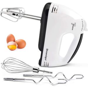 7-Speed Hand Mixer, 5-Piece Set, 2 Stainless Steel Dough Hooks, 2 Stirrers, 1 Traditional Whisk, Hand Mixer Electric Handheld for Stirring Meat, Dough, Eggs, Dishwasher Safe(White)
