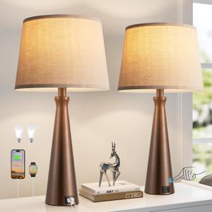Seealle Modern Table Lamps Set of 2 - Touch Bedside Lamp for Nightstand with Dual USB C+A,3-Way Dimmable Brown Nightstand Lamps for Living Room Bedroom End Table with Oat Shade(Bulb Included)