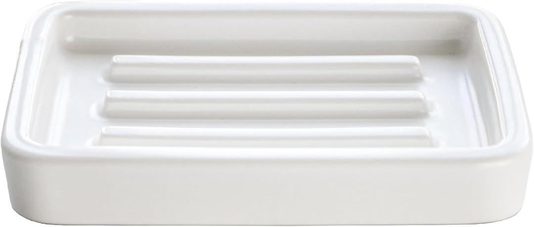 Matte Ceramic Soap Dish with Raised Ridges, Rectangle Bar Soap Holder for Bathroom Counter, Shower and Kitchen Sink, White