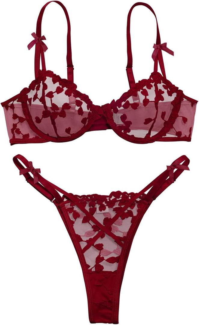 Lilosy Sexy Underwire Cute Push Up Strappy Embroidered Mesh Sheer Lingerie Set See Through Panty Bra (XL)