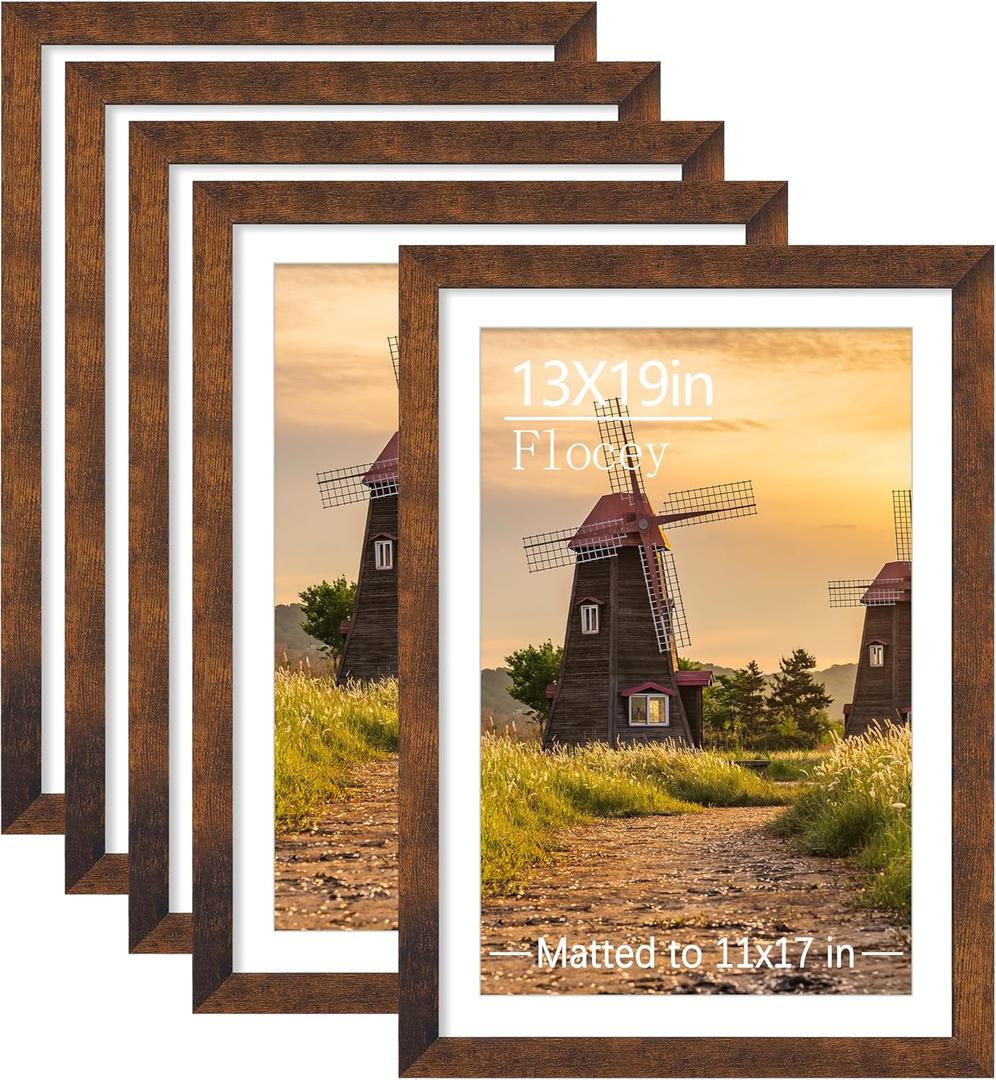 13x19 Picture Frame Set of 5, Rustic Brown Poster Frame, Display Pictures 11 x 17 with Mat or 13 x 19 Without Mat for Horizontal or Vertical Wall Mounting, Wall Gallery Frame