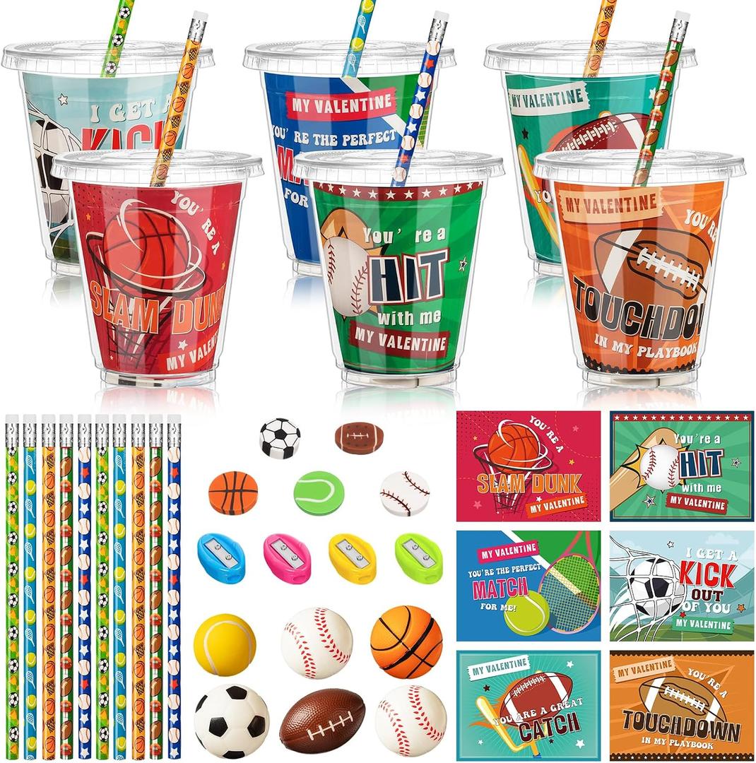 Zonon 180 Pcs Valentine's Day Gifts for Kids Valentines Stationery with Cards Mini Squeeze Favors and Cups Classroom Exchange Gift for Boy Girl Party Exchange Prizes Favors (Sport Ball)