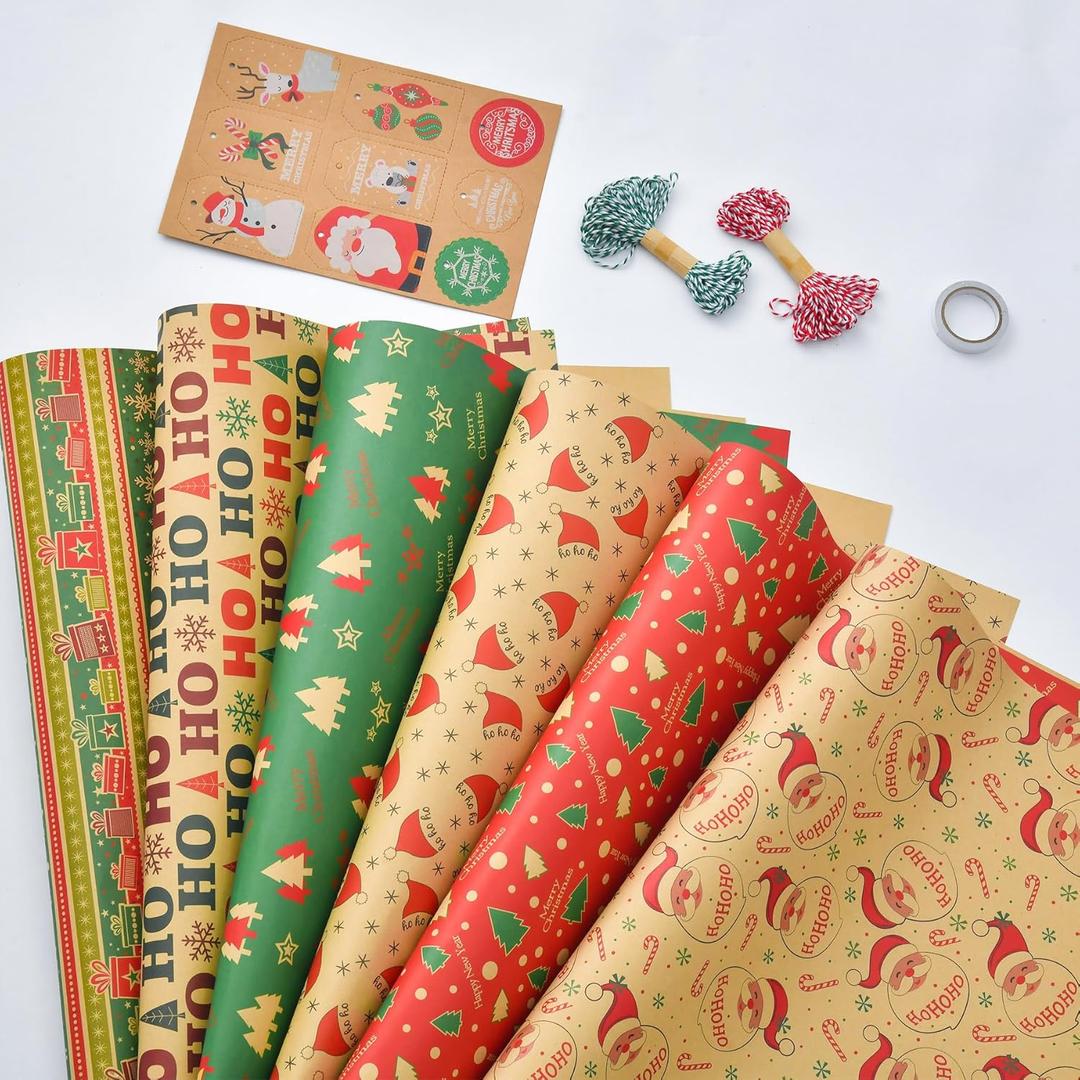 Pack of 2 Layninder Christmas Wrapping Paper, 8 Sheets Vintage Kraft Wrapping Paper w/Tags Stickers Rope, Xmas Paper w/Santa Reindeer Merry Christmas, Gift Paper for Holiday (27.6x19.7in, Folded)