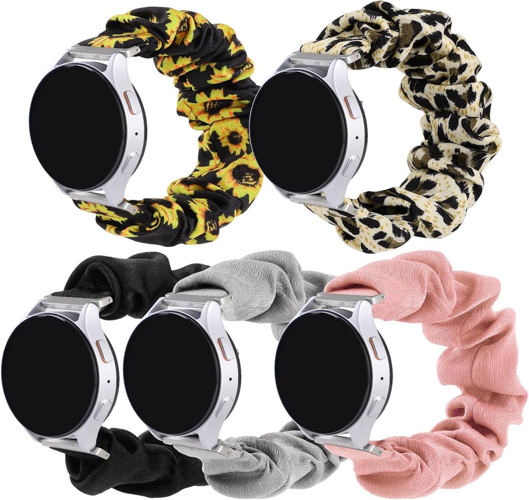 5 Packs 20mm Bands Scrunchie Band Compatible with Samsung Galaxy Watch 7 6 5 4 (40mm/44mm)/Galaxy Watch 3 (41mm)/Active/Active 2/Galaxy Watch 42mm for Women (Black/Pink/Leopard/Grey/Sunflower)