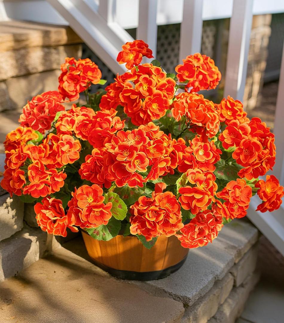 Fake Geraniums Artificial Flowers for Outdoors Fall Autumn Decoration, 6 Bundles Silk Geraniums UV Resistant Look Real Orange Faux Flowers Plants for Front Door Garden Planter Patio Balcony Yard Home