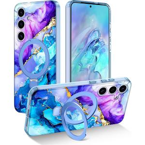 Magnetic for Samsung Galaxy S25 Plus Case with Invisible Ring Stand [Compatible with MagSafe], Full Body Rugged Slim Women Men Girl Shockproof Marble Pattern Design Case,Purple/Blue