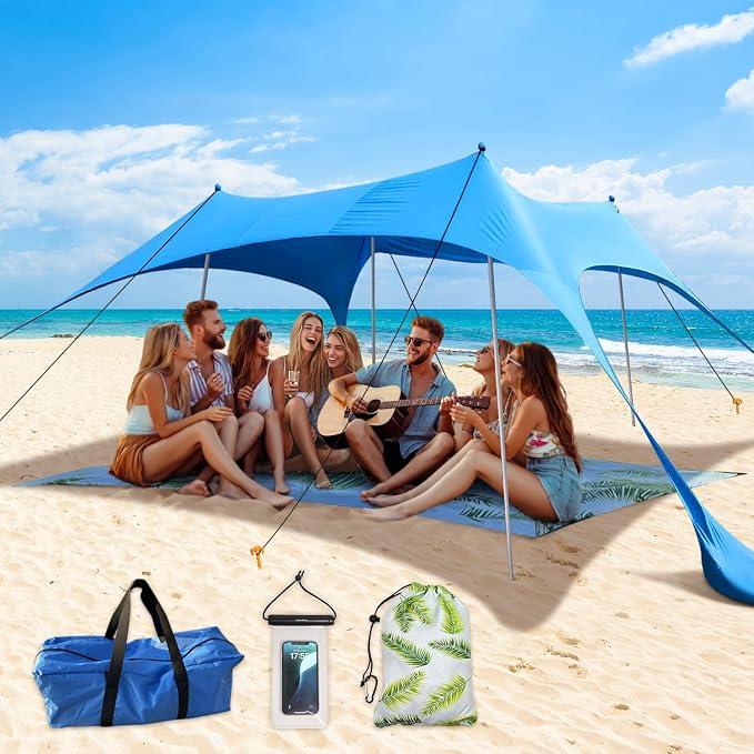 Beach Canopy Tent with UPF50+ Protection Sun shelter Portable Camping Tents 12X12FT Include Beach Blanket Phone Case with Sandbags Poles Anti-Wind Ropes for Beach Camping Backyard Picnics