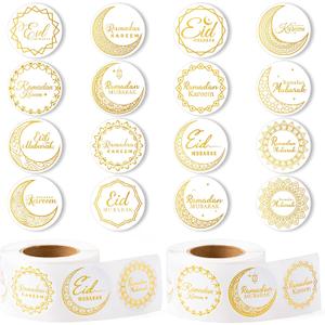 Ramada Eid-Al-Fitr Stickers Rolls - 1000pcs(2 Rolls)Gold Ramadan Eid Al Fitr Party Moon Pattern Round Sticker Roll Gift Tag Label Self-Adhesive Giftwrap Decal Gift Wraping Waterbottle Scrapbook