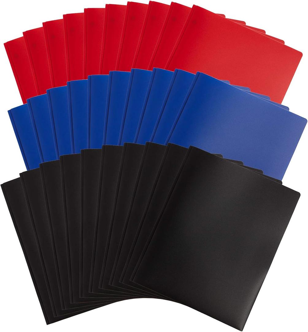 Blue Summit Supplies 30 Pack Plastic Two Pocket Plastic Folders with Prongs Bulk, Assorted Dark Color Poly Folders with Pockets and Prongs Bulk, Blue, Red, and Black, 3 Prong, Letter Size