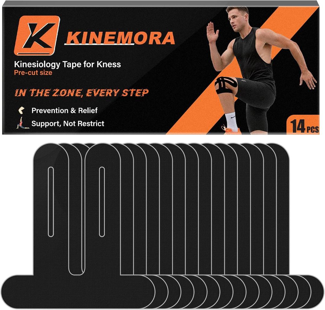 14 Pcs Precut Kinesiology Tape for Knees - Knee Support & Stability, Reduces Pressure Feel, Waterproof, Elastic Strong Adhesive Athletic Tape, Latex-Free, Breathable, for Running, HIIT, Squats (Black)