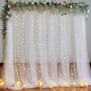 10x10ft White Tulle Backdrop Curtain with Lights String for Parites, Sheer Photo Backdrop Curtains with Lights for Wedding Backdrop Ceremony Reception Baby Shower Bridal Shower Birthday Party (2 Panels(5*10FT))