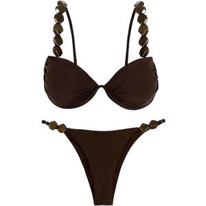 GORGLITTER Women's String Thong Bikini Set High Cut Push Up Triangle Sexy Beaded Swimsuits Bathing Suits (Brown, L)
