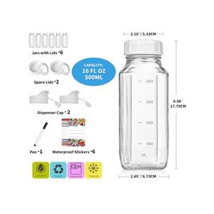 6 Pack 16 Oz Glass Juice Bottles with 2 Pour Spouts, 100% Airtight Heavy Duty SCREW Lid- Reusable Glass Milk Bottles w Scale Mark, Square Drinking Jar Juice Container Breast Milk Pitcher