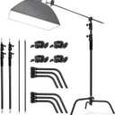 Soonpho 2 Pack 100% Heavy-Duty Steel C-Stand, Pro Photography Light Stand with 3.5'/108cm Extension Arm, Grip Head, Turtle Base for Studio Monolight, Softbox, Reflector, Max Height 10'/305cm Black