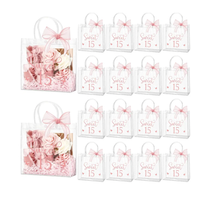 Sweetude 18 Pcs Sweet 15 Birthday Gift Bag 15th Party Gift Bags with Handles and Bows Clear Birthday Quinceanera Party Favors for Guests 15 Years Sweet(Pink)