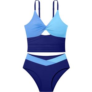Girls Swimsuit Color Block Girls Bathing Suit Twist Tankini Set Two Piece Girl Swimwear Bikini Set for 9-16 Years