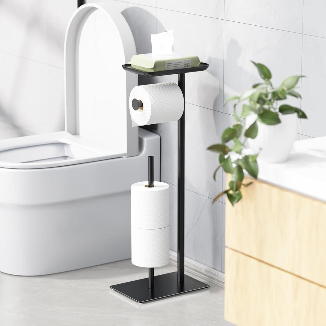 Toilet Paper Holder Stand with Top Storage Shelf, Free Standing Toilet Roll Dispenser for Bathroom, Holds 4 Reserve Rolls (Matte Black)