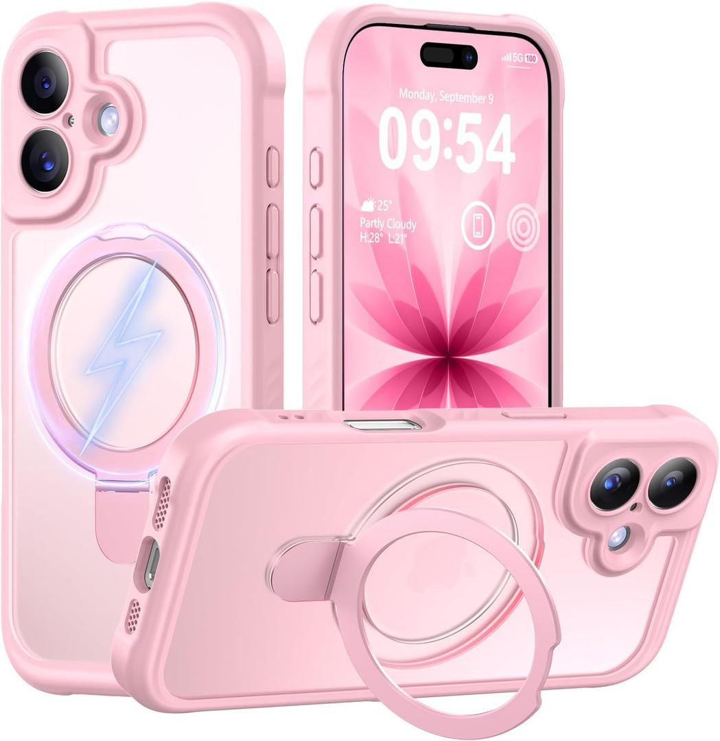 MOCCA Design for iPhone 17 Case, Compatible with Magsafe [Premium Invisible Magnetic Ring Stand] [Military Drop Protection] Full Camera Guard Translucent Matte Slim Phone Cover 6.3",Pink