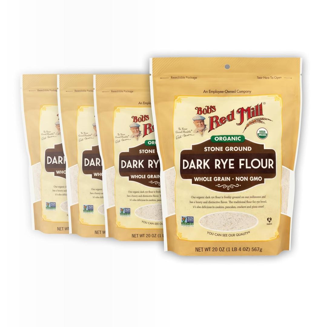 Bob's Red Mill Organic Dark Rye Flour, 20oz (Pack of 4) - Non GMO, Whole Grain, Vegan, Kosher (EXP 12/15/27)
