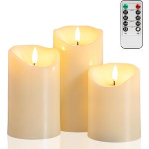 ANGELLOONG Flickering Flameless Candles with Remote, Battery Operated Fake Candles with Timer, Realistic LED Electric Pillar Candles for Home Wedding Birthday Christmas Decor, Set of 3