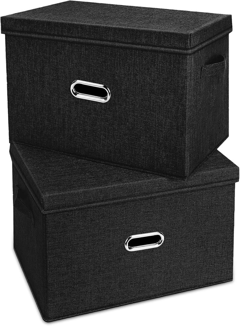 Large Linen Fabric Foldable Storage Bins with Removable Lid and Handles, Washable Storage Box Organizer Containers Baskets Cube with Cover for Bedroom,Office (Black, Large (2-Pack)