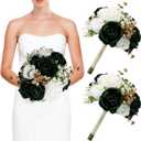 Wedding Bridesmaid Bouquets Set of 2, Artificial Silk Flowers Arrangement for Ceremony Marriage Proposal Party Anniversary Decorations - Emerald Green & Gold & White