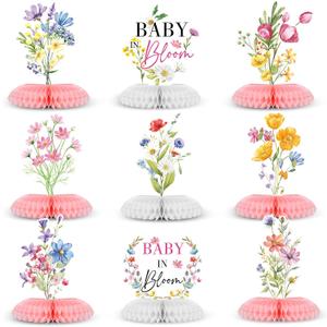 9 Pcs Wildflower Baby in Bloom Baby Shower Decoration Spring Floral Flower Theme Honeycomb Centerpiece for Table Decor