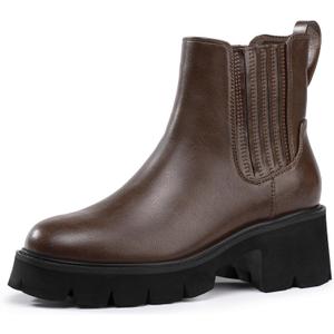 IDIFU IN2 Women's Chelsea Boots Platform Low Block Chunky Heeled Ankle Boots Round Toe Lug Sole Slip On Dress Boots Fall Work Dressy Comfortable Fashion Casual Short Booties Shoes (Brown)