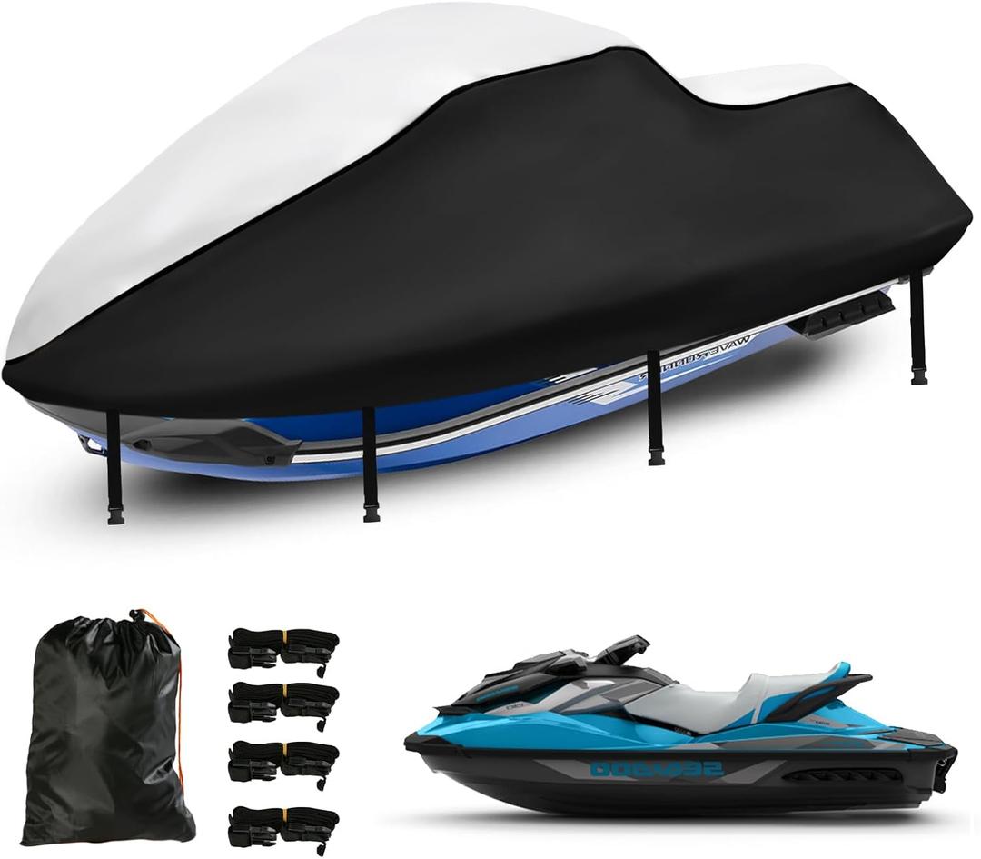 Jetski Waterproof Cover, Upgraded Heavy Duty 420D 3 Seater Jet Ski Cover with 2 Air Vent Marine Grade UV Resistant (136" to 145" Silver Black)