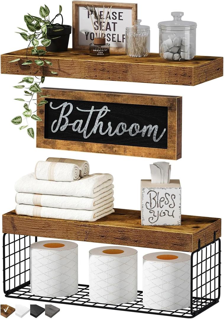 QEEIG Bathroom Shelves Over Toilet - Paper Storage Wall Mounted Farmhouse Decor Decorations Aesthetic Décor Sign Small Floating Shelf 2+1 Set 16 inch, Rustic Brown (020BN)