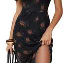 Women's Mesh Asymmetrical Dress Vintage Floral Short Sleeve Lettuce Trim Sheer Midi Dresses Flared A Line Dress (Medium)