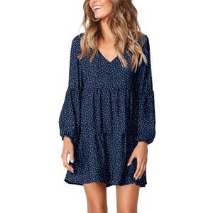 Amoretu Womens Tunic Dress Long Sleeve V Neck Casual Loose Flowy Swing Shift Dresses (Medium, Polka Dot Navy)