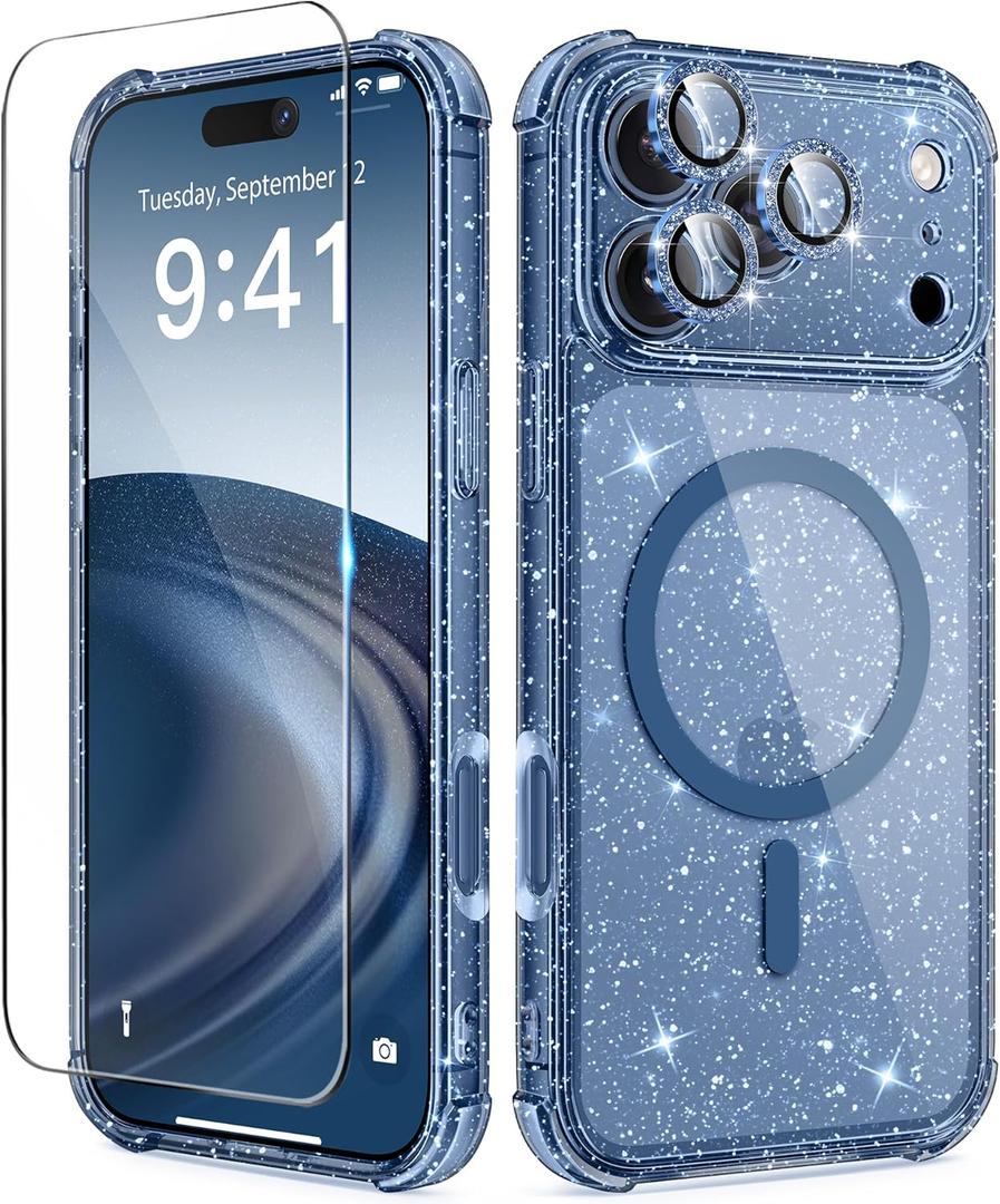 BERFY for iPhone 17 Pro Case for Women, Compatible with MagSafe, Clear Glitter Shockproof Protective Case, Anti-Yellowing, with Screen Protector & 3 Diamond Camera Lens Covers 6.3", Sparkle Blue