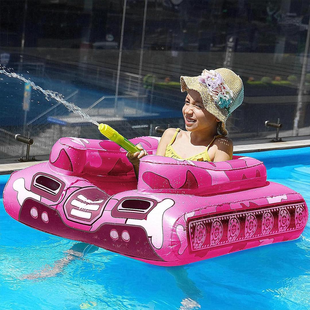 Inflatable Tank Pool Floats Kids - Jasonwell Toddler Pool Floaties Swimming Pool Tank with Water Cannon Gun Swim Floaty Rafts Lake Beach Party Pool Toys for Boys Girls Toddlers Kids (Rose)