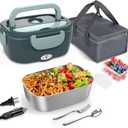 Monteka Electric Lunch Box Food Heater - Leakproof Portable Food Warmer heated lunch box for adults for Car/Home/Truck with 1.5L Removable Stainless Steel Container, White Elephant Gift, 12V/24V/110V (DarkGreen)