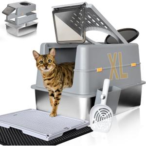Stainless Steel Litter Box with Lid - XL Enclosed Anti-Leak Design for Big Cats, Non-Stick Easy Clean Metal Litter Box System with Scoop Set, High-Sided Urine Protection, Sleek Grey