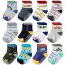 Cozyway Non-Slip Crew Grip Socks, 12 Pack for Baby Boys and Girls, Assorted Colors and Patterns, 1-3 Years