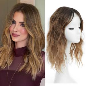 16 Inch Wavy Hair Topper Full Coverage Hair Pieces for Women with Thinning Hair- Natural Blending Curls Handtied Lace Hairline Easy to Wear Seamless Fit,Caramel Latte Ombre