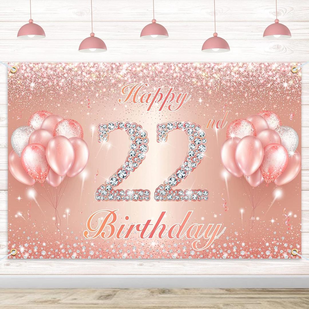 Happy 22nd Birthday Banner Backdrop - 22 Birthday Party Decorations Supplies for Women or Men - Rose Gold 4 x 6ft