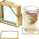 JuxYes Set of 7 Glass Coasters with Holder, Gold Elegant Cup Coasters for Coffee, Tea, - Square Brass Edge Glass Mats for Coffee Table