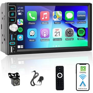 Double Din Car Stereo Bluetooth Compatible with [Wireless] Apple CarPlay/Android Auto 7 Touchscreen AM/FM Radio Type-C USB (2.1A Fast Charge) Backup Camera
