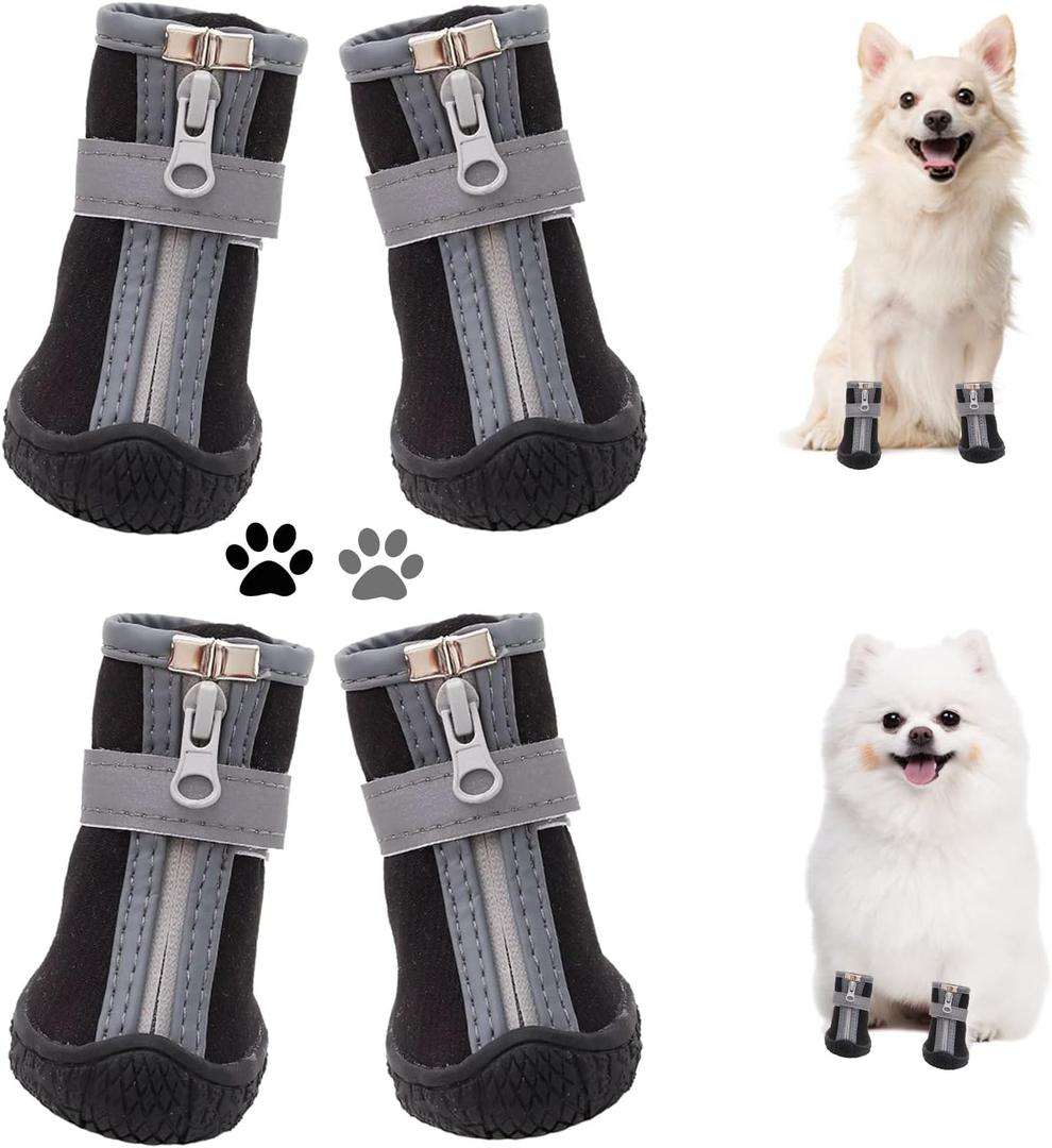 Dog Shoes for Dogs, Puppy Dog Boots & Paw Protector for Winter Snow Day, Summer Hot Pavement, Waterproof in Rain Weather, Ourdoor Hiking, Indoor Hardfloors with Anti Slip Sole 4PCS/Set ((width 1.29 inch) for 6.5-10 lbs)