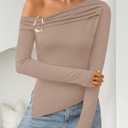 MEROKEETY Women's Long Sleeve Off Shoulder Tops 2025 Fall Ruched Fitted Going Out Asymmetrical Tee Shirts (Beige, M)