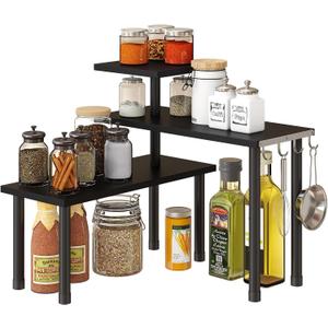GHWIE Corner Shelf Organizer, 3 Tier Bamboo Kitchen Countertop Rack for Living Room, Office, Bookshelf Display Shelves, Space Saving Storage Shelves,Black